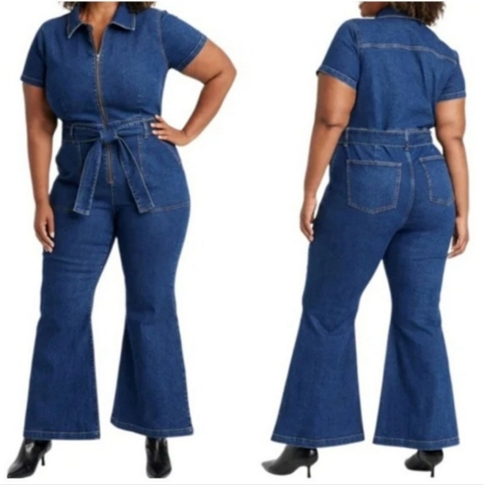 Ava & Viv Woman's Short Sleeve Stylish Belted Denim Jumpsuit ~ Blue